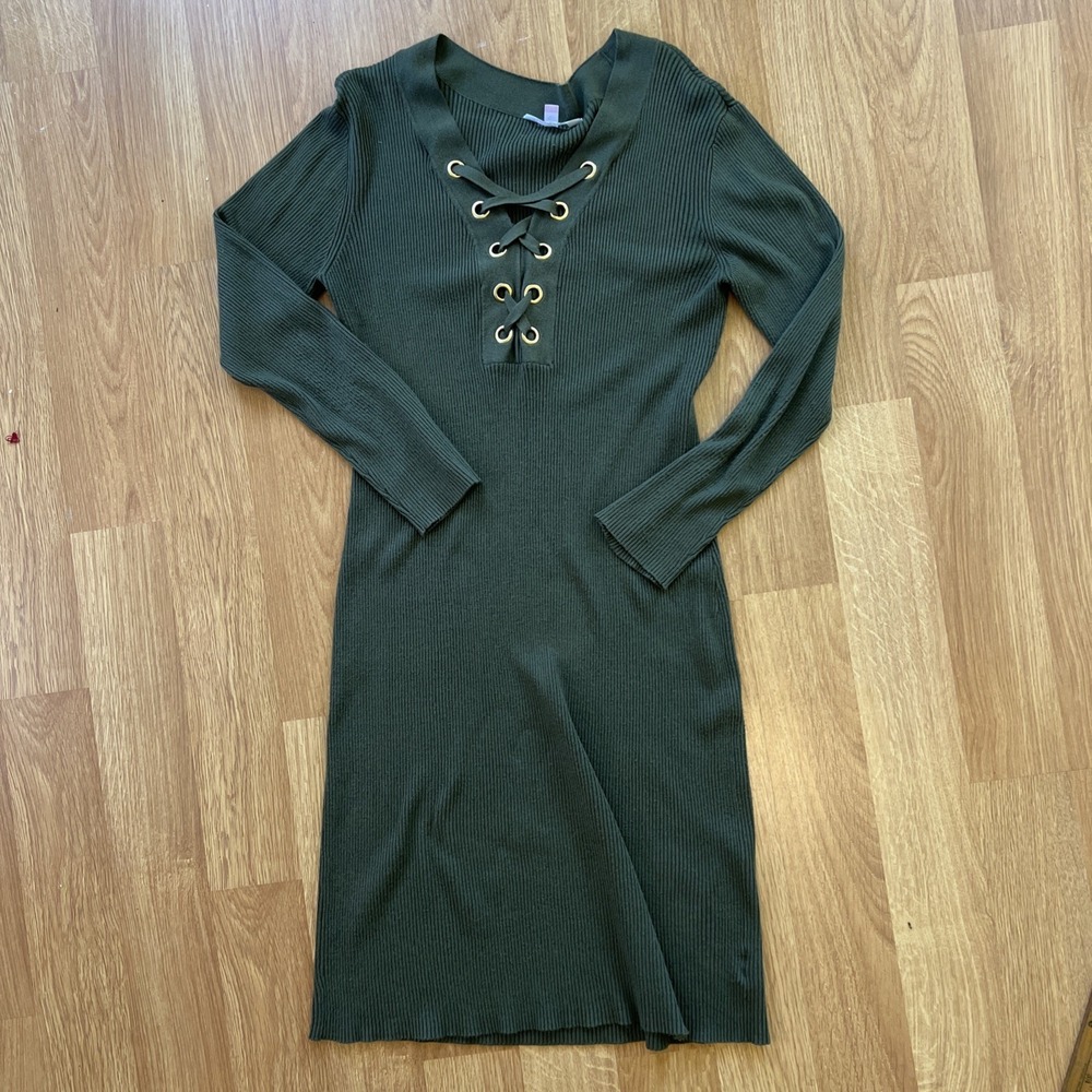 NoBo Sweater Dress Juniors Size XL 15-17 Green Ribbed Lace Up Knee-Length Dark